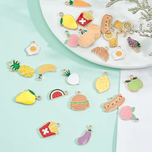 Miniatura 3 de PH PandaHall 40 colgantes de frutas y verduras, 20 estilos de dijes de alimentos esmaltados de fresa, melocotón, mango, calabaza, pizza, pan