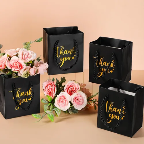 Miniatura 4 de Honoson - 60 mini bolsas de regalo de agradecimiento con asa a granel de 4 x 2.75 x 4.5 pulgadas, pequeña bolsa de papel de aluminio para envolver