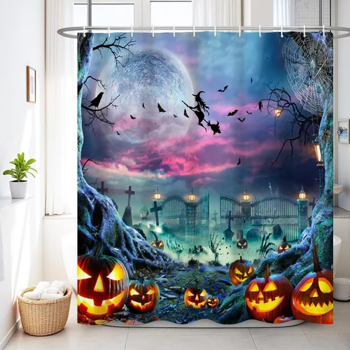 Miniatura 11 de Renaiss Cortina de ducha de Halloween de 60 x 72 pulgadas para decoración de Halloween, divertido esqueleto para el hogar, espeluznante calabaza