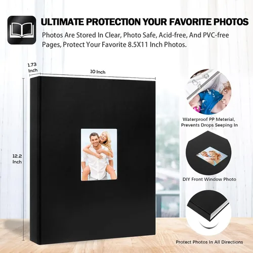 Miniatura 2 de Álbum de fotos de 8.5 x 11 pulgadas con capacidad para 72 fotos, cubierta de cuero con ventana frontal, páginas interiores transparentes de 8.5 x 11