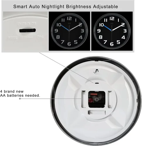 Miniatura 4 de HITO Reloj de pared con luz nocturna de 12 pulgadas, funciona con pilas, brillo ajustable, marco de metal, cubierta de vidrio