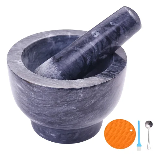Juego de mortero y mortero pulido de mármol natural guacamole molcajete, molinillo de especias con almohadilla de silicona, cuchara y cepillo de