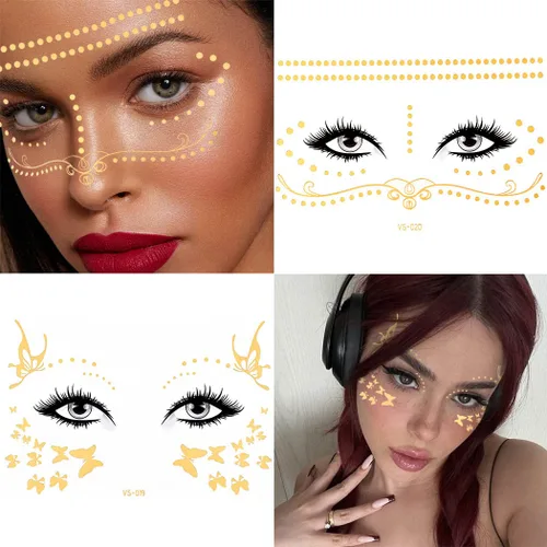 Miniatura 3 de Uranian Calcomanías temporales para tatuajes faciales dorados, pecas para mujeres, transferencia de mariposas, tatuajes metálicos, estilos mixtos