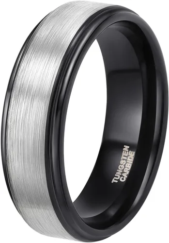 TRUMIUM Anillo de boda de carburo de tungsteno de 0.236 in y 0.315 in para hombres y mujeres, borde escalonado, negroplata, grabado "I Love You",