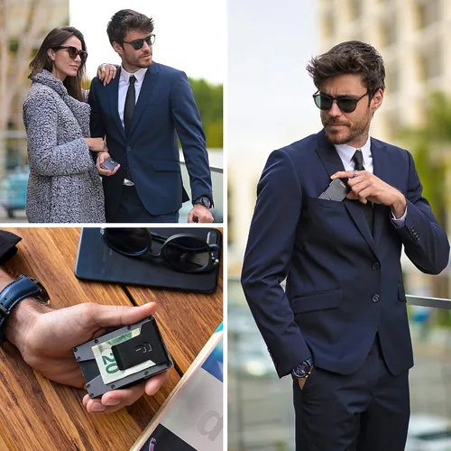 Miniatura 5 de Fidelo Billetera minimalista para hombre Cartera delgada con bloqueo RFID para tarjetas de crédito hecha de aluminio 7075. La cartera compacta