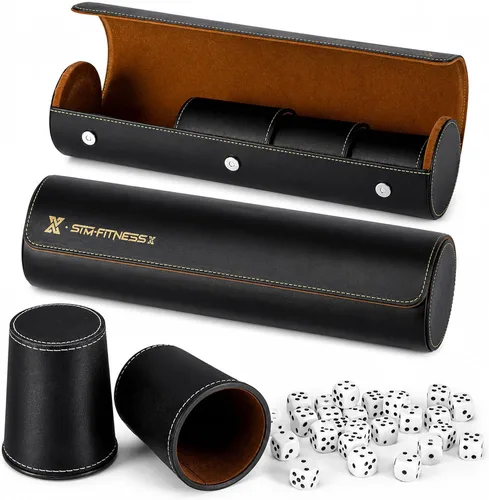 Juego de tazas de cuero para dados, 5 tazas de dados negros + 25 dados + funda exclusiva de almacenamiento y transporte hecha de piel sintética (2
