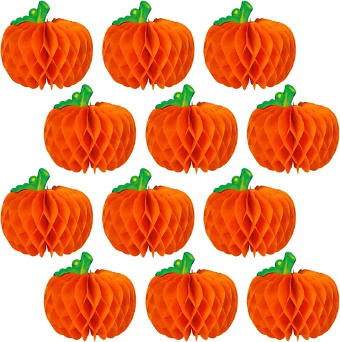 Miniatura 8 de 6 piezas de decoraciones de panal de calabaza, centros de mesa de calabaza 3D de Acción de Gracias, bolas de papel de panal de otoño para Halloween