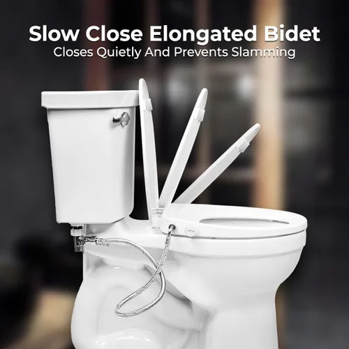 Miniatura 2 de GenieBidet Asiento de inodoro de bidé alargado - Boquillas dobles con adaptador en T y botella - Presión de agua ajustable y asiento de bidé de Lado