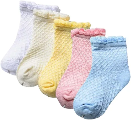 Miniatura 39 de Looching Paquete de 5 calcetines delgados de malla para bebés, niñas y niños, de algodón, color blanco, calcetines de tobillo invisibles 1-8T