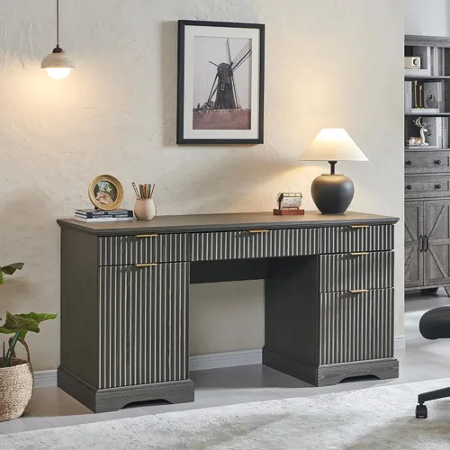 Miniatura 15 de JXQTLINGMU Escritorio ejecutivo moderno de 58 pulgadas con almacenamiento, escritorio de madera para oficina en casa con 5 cajones y 1 gabinete