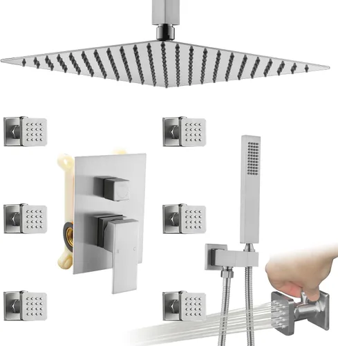 Miniatura 26 de Enga Sistema de ducha de lluvia negro mate con 4 chorros corporales, ducha de lluvia de 12 pulgadas montada en pared, sistema de cabezal de ducha