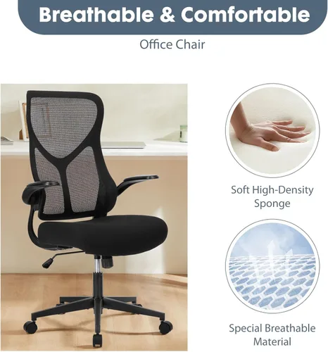 Miniatura 3 de DUMOS Silla de escritorio de oficina en casa, silla ergonómica de malla de respaldo alto con cómodos reposabrazos abatibles, silla giratoria