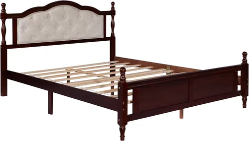 Miniatura 9 de Flieks Cama de plataforma tamaño Queen, cama de madera de pino con cabecero y estribo tapizados, con dos pies de soporte de riel de cama y pies