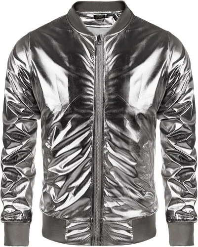COOFANDY Chaqueta metálica para hombre, diseño de los años 70, disco y fiesta de Navidad, chaqueta universitaria con cremallera