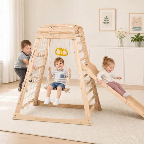 Gimnasio cubierto de la selva, Zona de juegos interior de madera, (7 en 1) juguetes de escalada para niños pequeños, Gimnasio con tobogán, red de