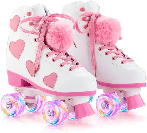 Miniatura 11 de Ruthfot Patines clásicos para mujeres y niñas con ruedas iluminadas y patrón de corazón de amor, patines de cuero PU de caña alta.. Negro