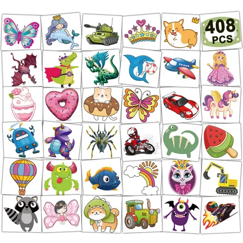 CHARLENT 408 tatuajes temporales envueltos individualmente para niños, tatuajes mixtos para niños, regalos de fiesta de cumpleaños, rellenos de