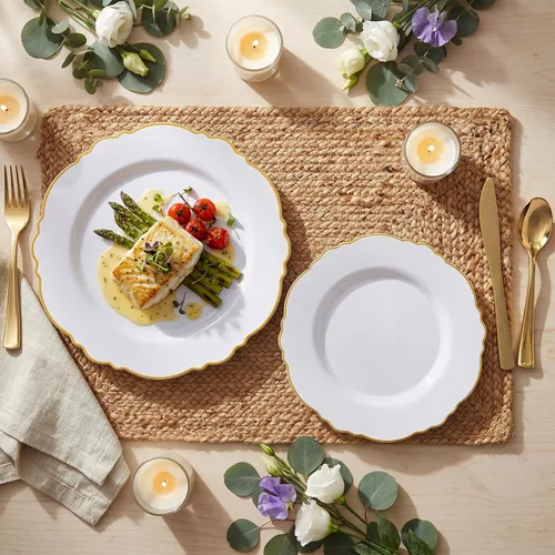 Miniatura 3 de WDF: 100 platos desechables de plástico, platos desechables barrocos color blanco y oro para fiestas de lujo y bodas, incluyendo 50 platos de Dorado