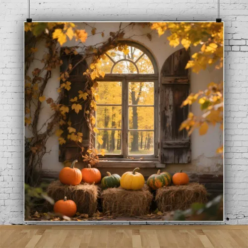 Miniatura 8 de Fondo de fotos de ventana de otoño de 7 x 5 pies, paisaje de bosque de otoño, hojas de arce, cosecha de calabaza, fondo de fotografía, tema