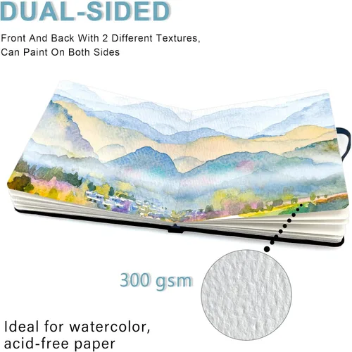 Miniatura 4 de E-WEICHEN 5x5 Cuadernos de acuarela de tela portátiles hechos a mano con tapa dura de tela cosida para viajes Papel para acuarela de 140LB/300gsm 20
