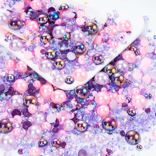 Miniatura 34 de 60g de Perlas Acuamarina Dorada con Diamantes de Imitación para Manualidades Tamaño Mixto 3mm-10mm Color AB Redondas Perlas Medias Planas Conjunto