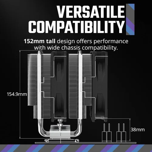 Miniatura 10 de Disipador Master Hyper 620S de Torre Dual para CPU, sincronización ARGB, ventilador PWM de 4.92 pulgadas, 6 tubos disipadores de calor de contacto