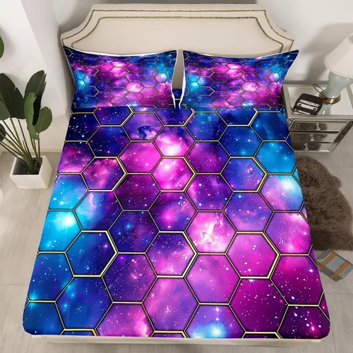 Miniatura 49 de Manfei Juego de sábanas bajeras de panal de galaxia, tamaño individual, 2 piezas, estampado geométrico hexagonal, funda de cama de cielo estrellado