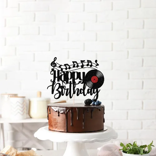 Miniatura 5 de Disco de vinilo con purpurina negra para decoración de pastel de cumpleaños, disco de vinilo retro rock and roll, decoración de pastel de música CD 3