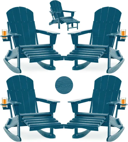 Miniatura 9 de Mecedora plegable Adirondack, silla de patio multifuncional 4 en 1 con otomana retráctil, silla de exterior con textura de madera, silla de césped