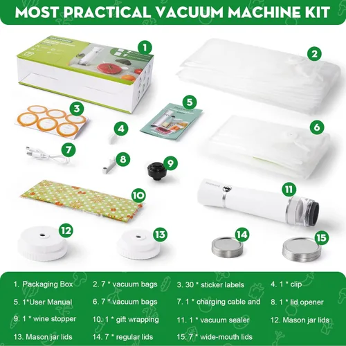 Miniatura 9 de Sellador al vacío 3 en 1 para alimentos compatible con bolsa de vacío, frasco Mason, botella de vino, máquina selladora al vacío compacta portátil