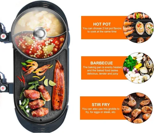 Miniatura 7 de Olla caliente de 27" con parrilla, parrilla eléctrica de barbacoa de 2200W antiadherente para barbacoa coreana para 2-12 personas, control de Negro