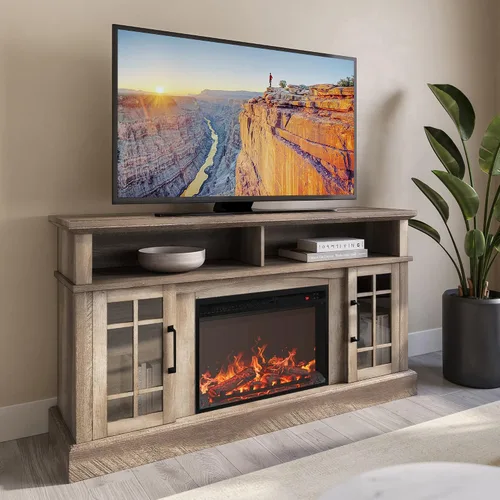 Miniatura 15 de BELLEZE Mueble TV, 48 pulgadas, con chimenea eléctrica funcional de 18 pulgadas, moderno, para TV de máx. 50 pulgadas, estantes abiertos y armarios