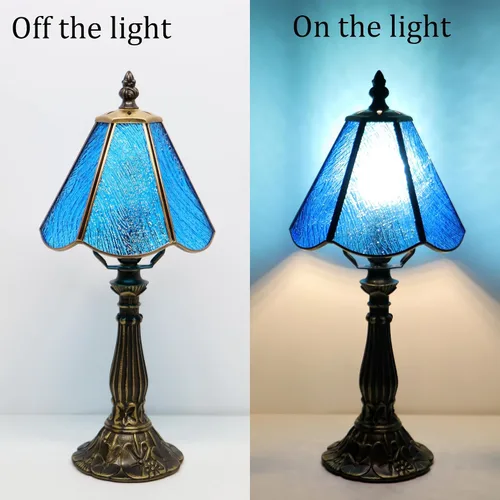Miniatura 4 de Tiffany Style Table Lamp Blue Rippled Stained Glass Lamp 14 Inch Small Lamp,Desk Lamps,6X6X14 Inch,Bronze Resin Base, Antique Lamp,Mini Accent