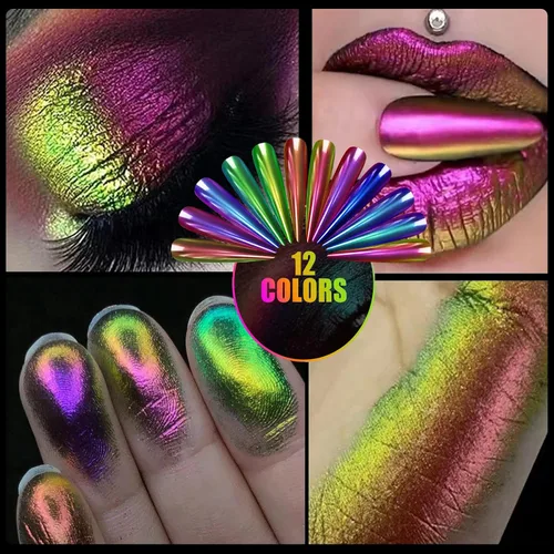 Miniatura 3 de Polvo de uñas holográfico cromado brillante con diamantes, polvo metálico con purpurina reflectante efecto galaxia mágica para arte de uñas