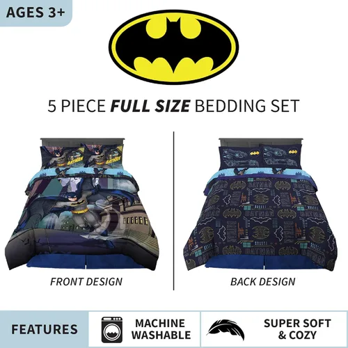 Miniatura 3 de Franco Ropa de cama súper suave para niños, juego de edredón y sábanas, 5 piezas, tamaño completo, Batman