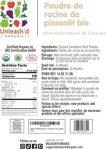 Miniatura 2 de Unleash'd Organic Polvo de raíz de diente de león de 16 onzas – Orgánico, vegano, para té y bebidas, apoya la desintoxicación y la salud digestiva