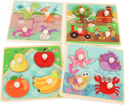 Rompecabezas de madera con clavijas para niños de 1 a 3 años, juguete educativo de preescolar con clavijas para niños, juego de 4 rompecabezas para