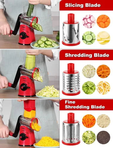 Miniatura 4 de Geedel Rallador rotativo de queso con 5 cuchillas intercambiables, rallador giratorio mejorado con base de succión fuerte para triturar queso