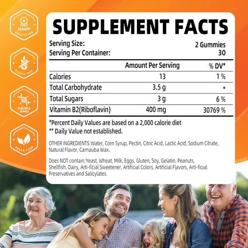 Miniatura 3 de Gomitas de vitamina B2 Riboflavina 400 mg Vitamina B2 400 mg masticable para adultos y niños, alivio de la migraña y apoyo de energía y sistema