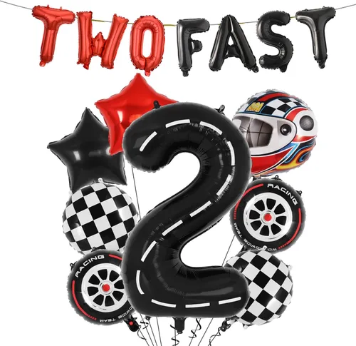 Dos globos de cumpleaños de autos de carreras rápidas, decoración de segundo cumpleaños, decoración de 2 años, suministros para fiestas de