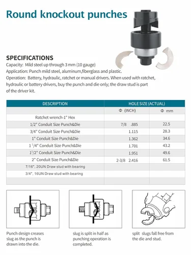 Miniatura 4 de Unidad de Perforación de Knockout de Conducto de 1/2 pulgada con Perno de Extracción Manual - Tamaño Real de Orificio de 0.89 pulgadas, Uso Versátil