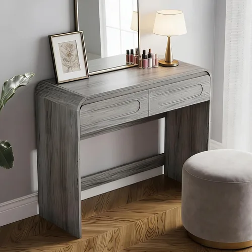 Miniatura 9 de Escritorio de tocador, escritorio de maquillaje con 2 cajones y espacio de escritorio, moderno tocador de maquillaje con diseño de perfil curvo