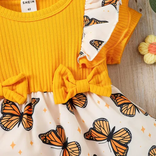 Miniatura 5 de Conjunto de 2 piezas de ropa de verano para bebé recién nacida, manga corta, estampado de mariposas, con tirantes acanalados, diadema