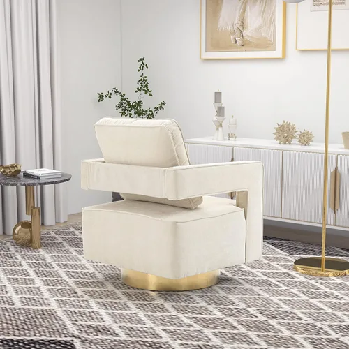 Miniatura 7 de Betoko Silla giratoria con diseño de barril, moderno sillón con respaldo abierto con base de metal dorado, silla tapizada de felpilla con almohada