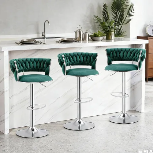 Miniatura 2 de Juego de 3 taburetes de bar verde esmeralda, modernos taburetes de bar giratorios de 360° con base plateada, sillas de bar de terciopelo, taburete