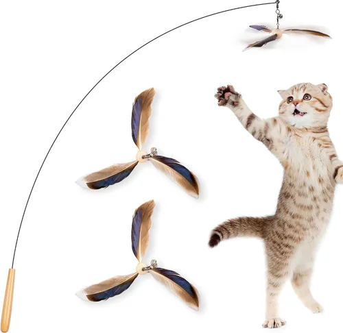 Miniatura 8 de JXFUKAL Juguetes de varita para gatos, juguetes interactivos para gatos con 3 recargas de plumas, alambre de acero flexible de 29'', mango de madera