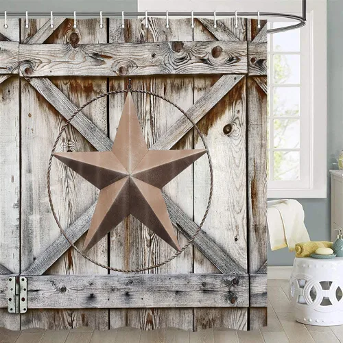 Miniatura 6 de JAWO Western Star - Cortina de ducha de Texas, estrella del oeste de Texas sobre tablero de madera rústica, juego de cortina de ducha con puerta