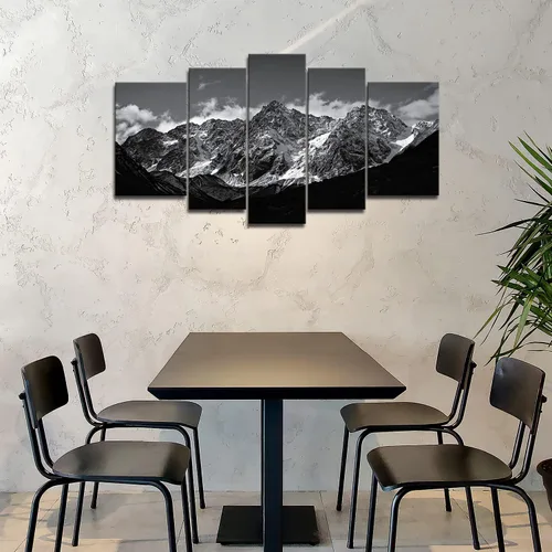 Miniatura 3 de Lienzo decorativo para pared, diseño de montaña en blanco y negro, paisaje de montaña, 5 piezas, impresiones sobre lienzo, arte moderno con marco