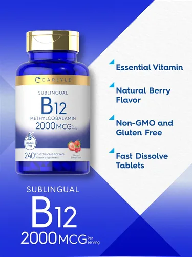 Miniatura 4 de Carlyle Vitamina B12 de 2000 mcg 240 tabletas de disolución rápida Metilcobalamina sublingual Sabor a bayas Suplemento vegetariano, sin OMG