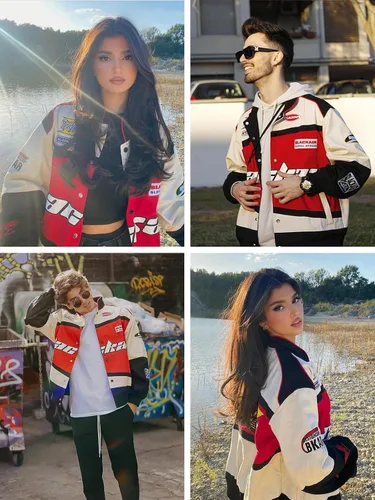 Miniatura 4 de Aelfric Eden Chaqueta de motocicleta para hombre, chaqueta de béisbol Blackair Moto Varsity para mujer, abrigos vintage